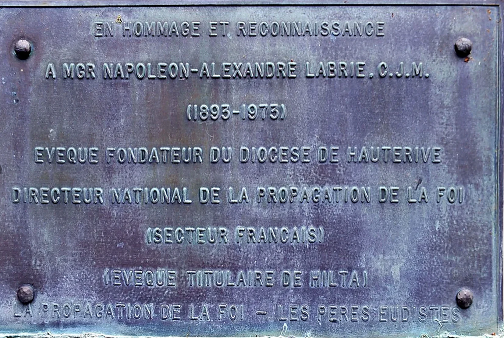 Placa conmemorativa honorífica Mons. Napoleón-Alexandre Labrie