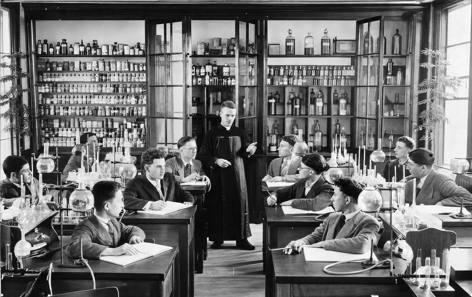 Clase de química con el padre H. Boudreau en 1928