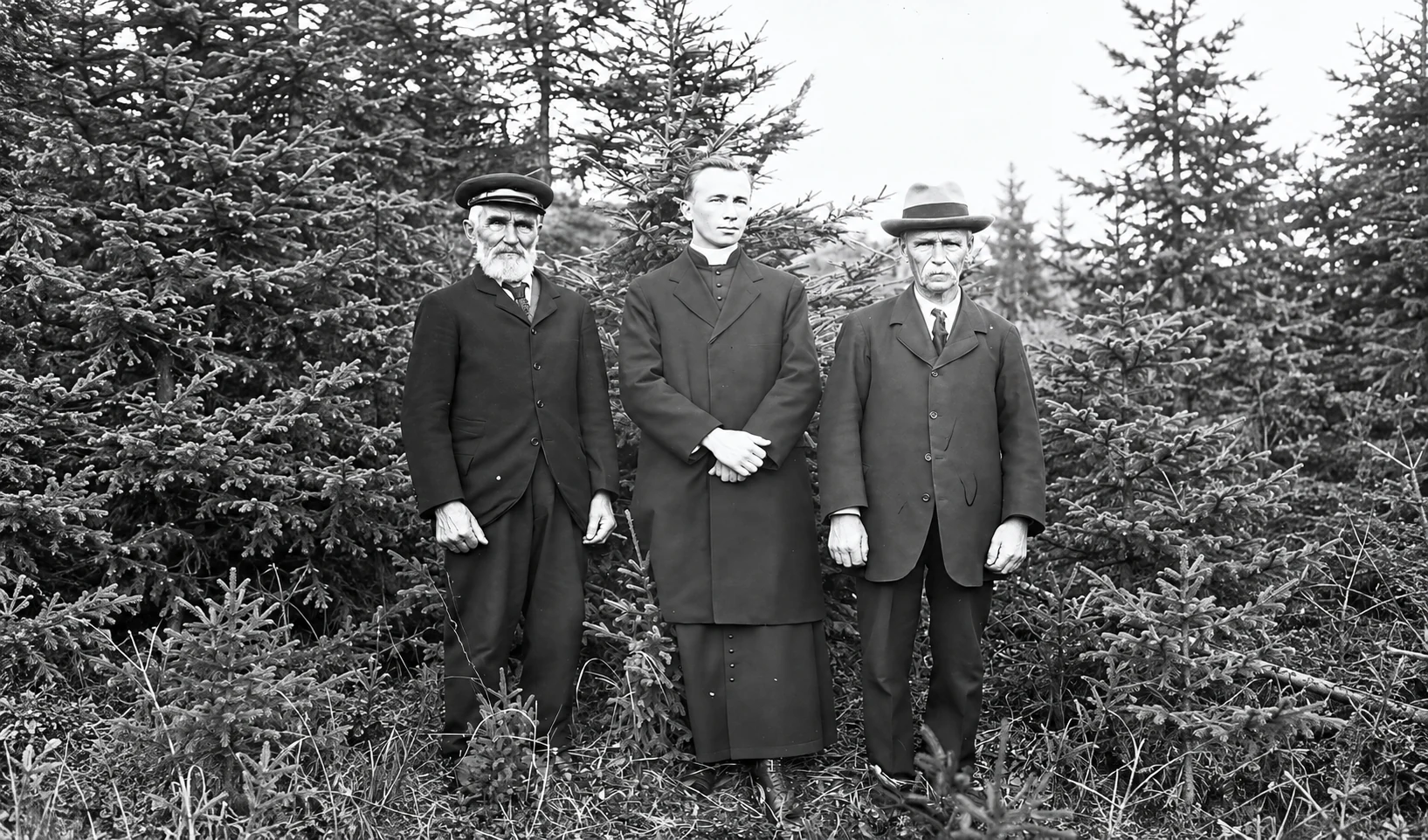 Mons. Labrie y dos hombres frente a las batas